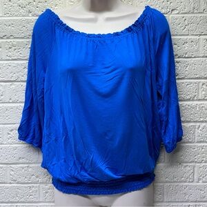CABLE & GAUGE M Royal Blue 3/4 Sleeve Round Neck Knit Blouse Ruched Waist • VG‼